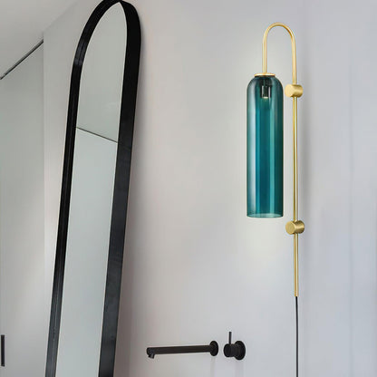 Cylindrical Glass Wall Sconce with 59 in Plug-In Cord for Bedrooms and Living Rooms | Modern Vertical Fixture Gold Metal Frame E27 Socket In