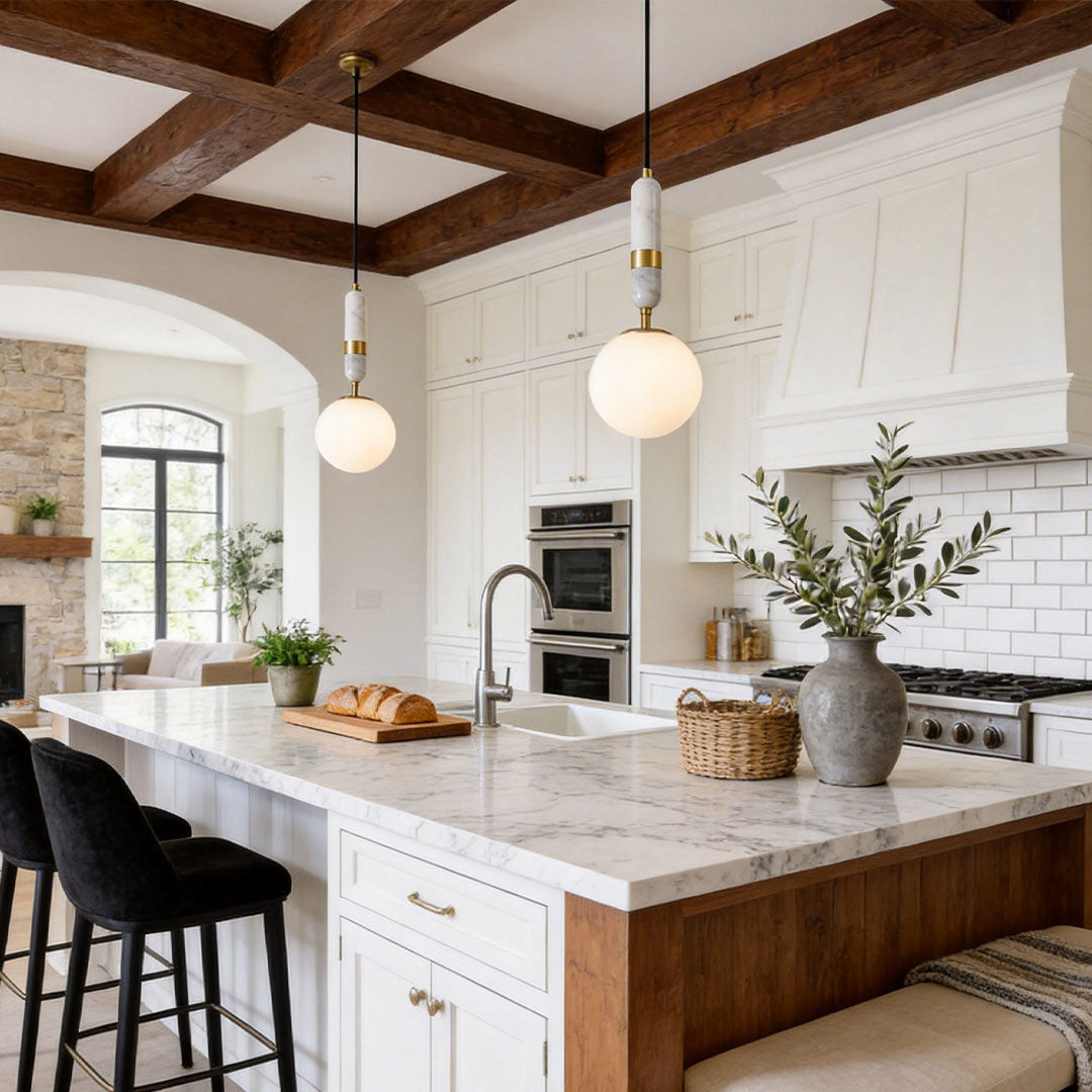 Modern Globe Pendant Light – Brass and Marble Hanging Light, Adjustable LED Glass Pendant