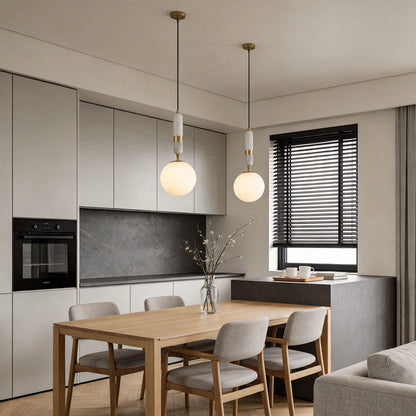 Modern Globe Pendant Light – Brass and Marble Hanging Light, Adjustable LED Glass Pendant