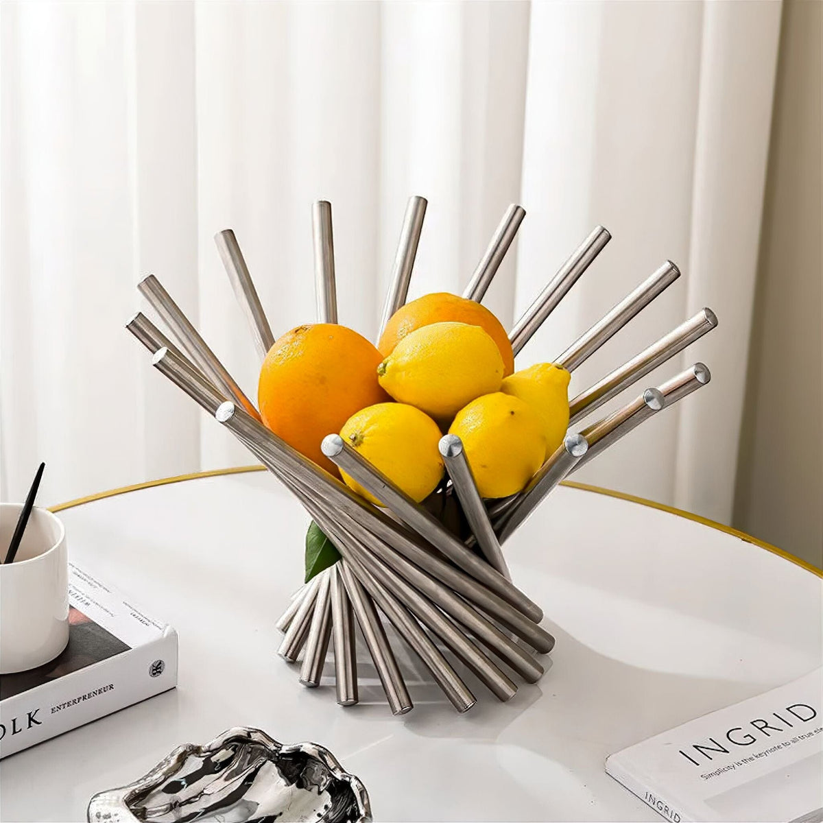 Modern Metal Fruit Basket with Open Ring Design – Gold or Silver Centerpiece for Kitchen and Dining Table