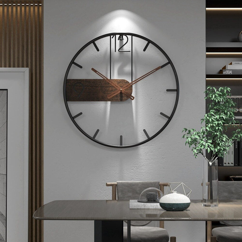 Modern Round Wall Clock with Wood Accent & Silent Quartz Mechanism | Elegant Timepiece for Home Decor