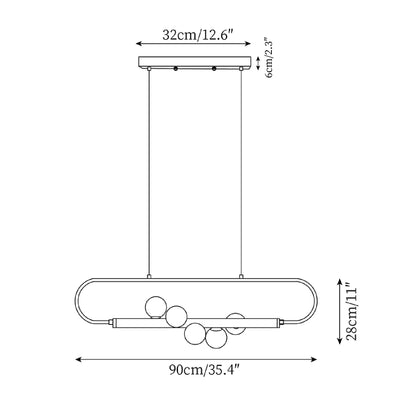 Linear Pendant Light Fixture 35.4 Inch with Frosted Glass Globes for Dining Table Kitchen Island Brass Wood Finish Adjustable Height 5-Bulb