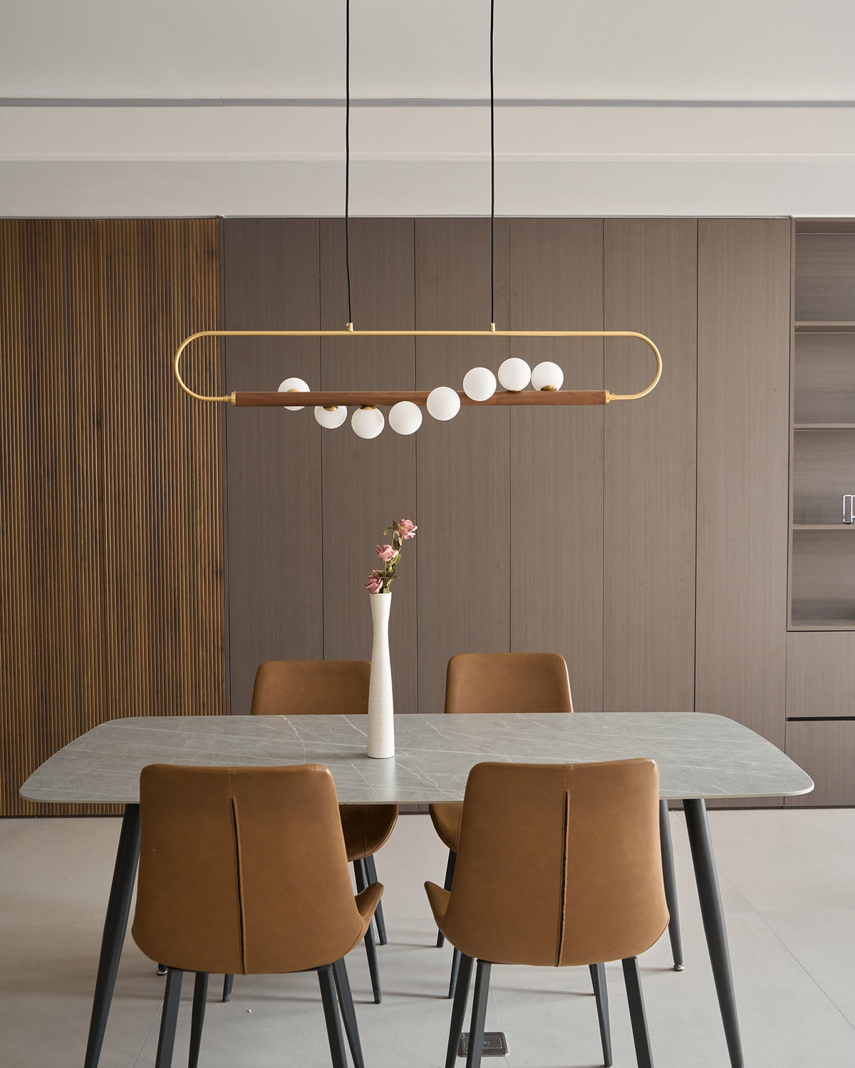 Linear Pendant Light Fixture 35.4 Inch with Frosted Glass Globes for Dining Table Kitchen Island Brass Wood Finish Adjustable Height 5-Bulb