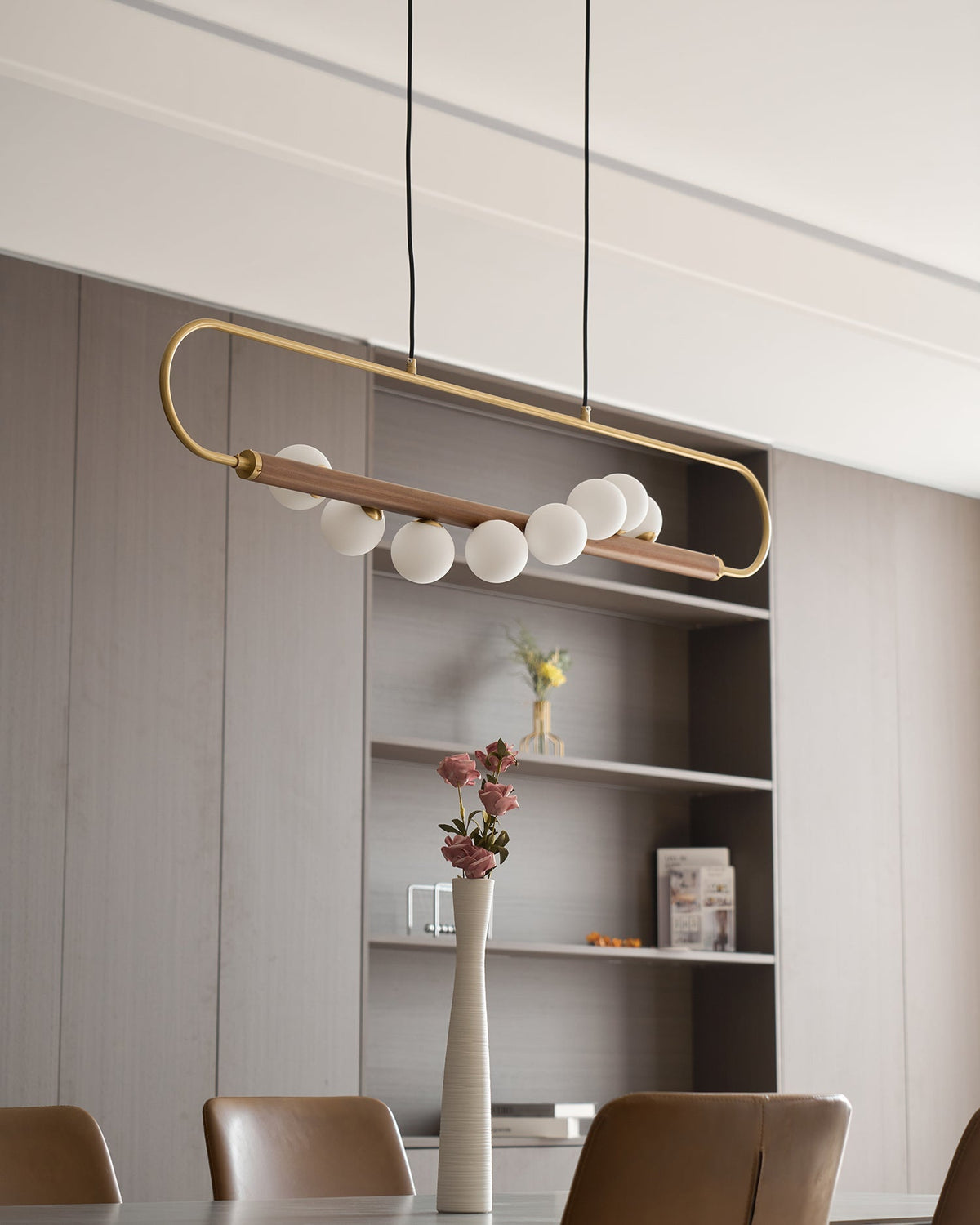 Linear Pendant Light Fixture 35.4 Inch with Frosted Glass Globes for Dining Table Kitchen Island Brass Wood Finish Adjustable Height 5-Bulb