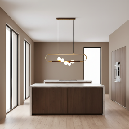 Linear Pendant Light Fixture 35.4 Inch with Frosted Glass Globes for Dining Table Kitchen Island Brass Wood Finish Adjustable Height 5-Bulb
