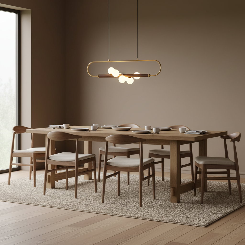 Linear Pendant Light Fixture 35.4 Inch with Frosted Glass Globes for Dining Table Kitchen Island Brass Wood Finish Adjustable Height 5-Bulb