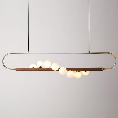 Linear Pendant Light Fixture 35.4 Inch with Frosted Glass Globes for Dining Table Kitchen Island Brass Wood Finish Adjustable Height 5-Bulb