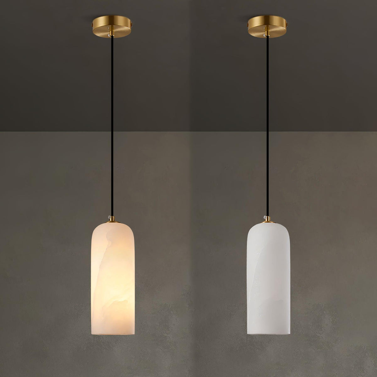 Alabaster Stone Hanging Lamp 10 in Tall White Shade Brass Accent Minimal Pendant for Islands Dining Tables Bedrooms Entryways