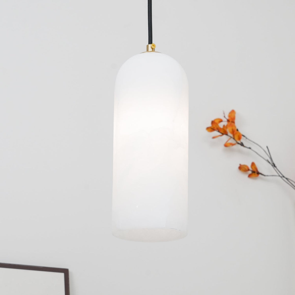 Alabaster Stone Hanging Lamp 10 in Tall White Shade Brass Accent Minimal Pendant for Islands Dining Tables Bedrooms Entryways