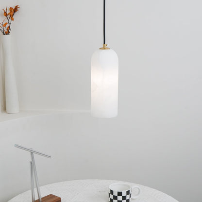 Alabaster Stone Hanging Lamp 10 in Tall White Shade Brass Accent Minimal Pendant for Islands Dining Tables Bedrooms Entryways