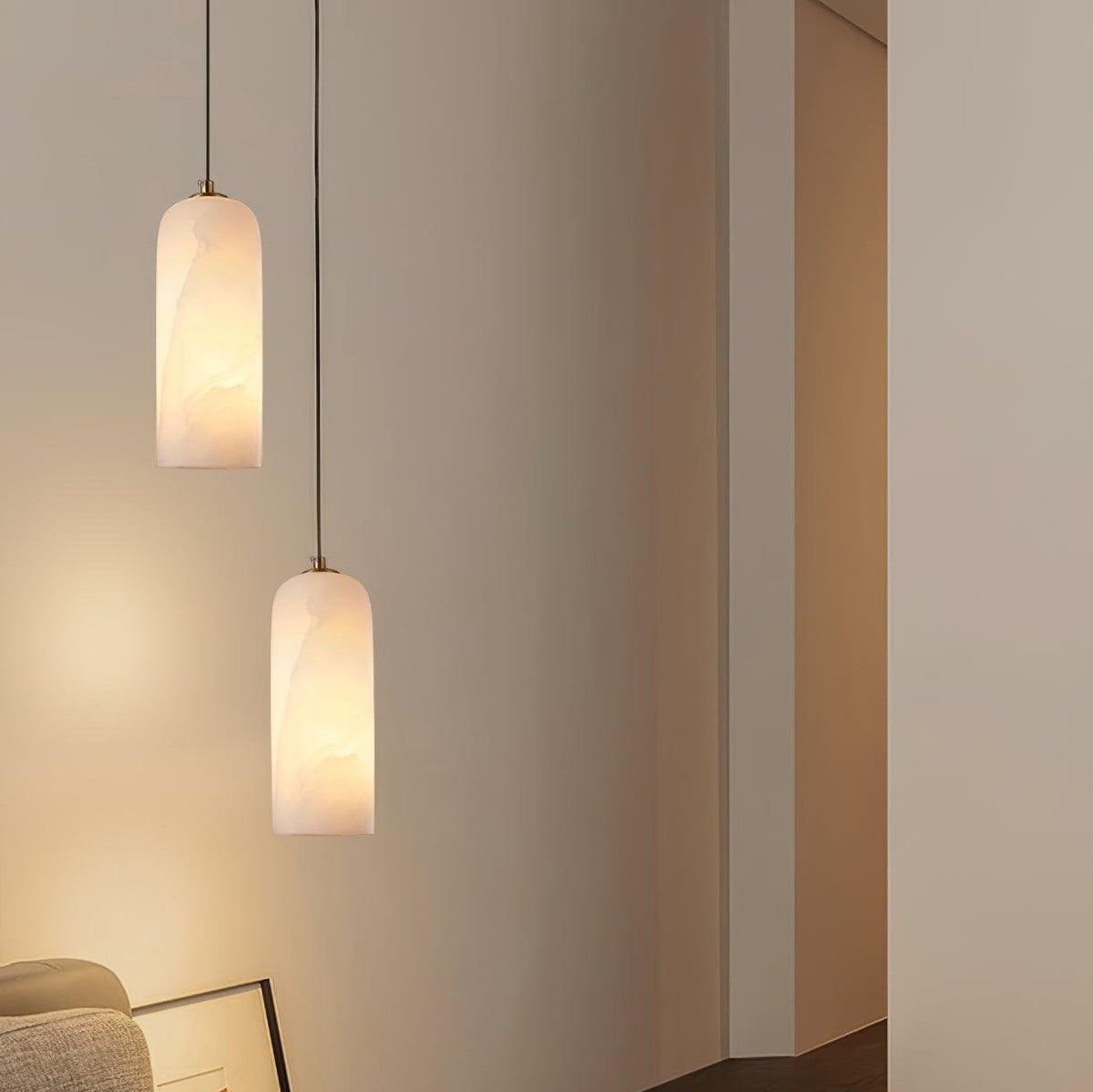 Alabaster Stone Hanging Lamp 10 in Tall White Shade Brass Accent Minimal Pendant for Islands Dining Tables Bedrooms Entryways