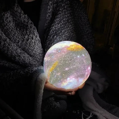 3D Printed Lunar Surface Night Light with Remote Control 16-Color LED Sphere on Wood Base for Bedroom Desk Space Decor