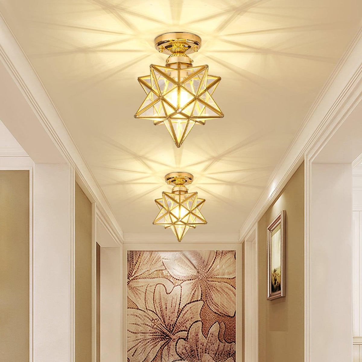 Geometric Star Pendant Light Fixture with Multi-Faceted Glass Panels for Hallway Entry Living Room Indoor Overhead Lighting