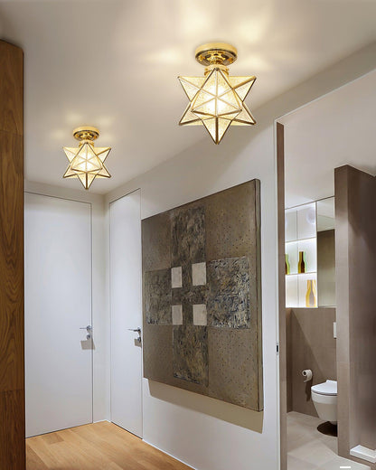 Geometric Star Pendant Light Fixture with Multi-Faceted Glass Panels for Hallway Entry Living Room Indoor Overhead Lighting