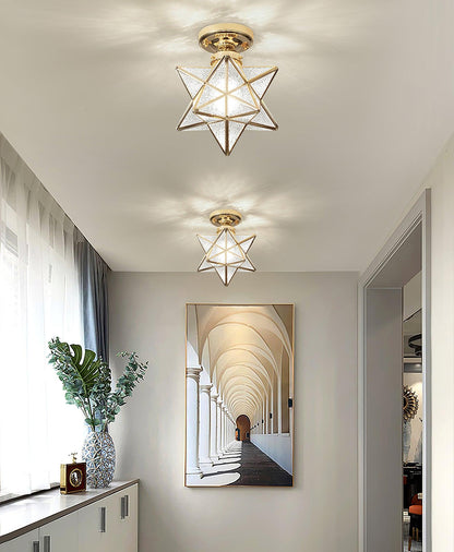 Geometric Star Pendant Light Fixture with Multi-Faceted Glass Panels for Hallway Entry Living Room Indoor Overhead Lighting
