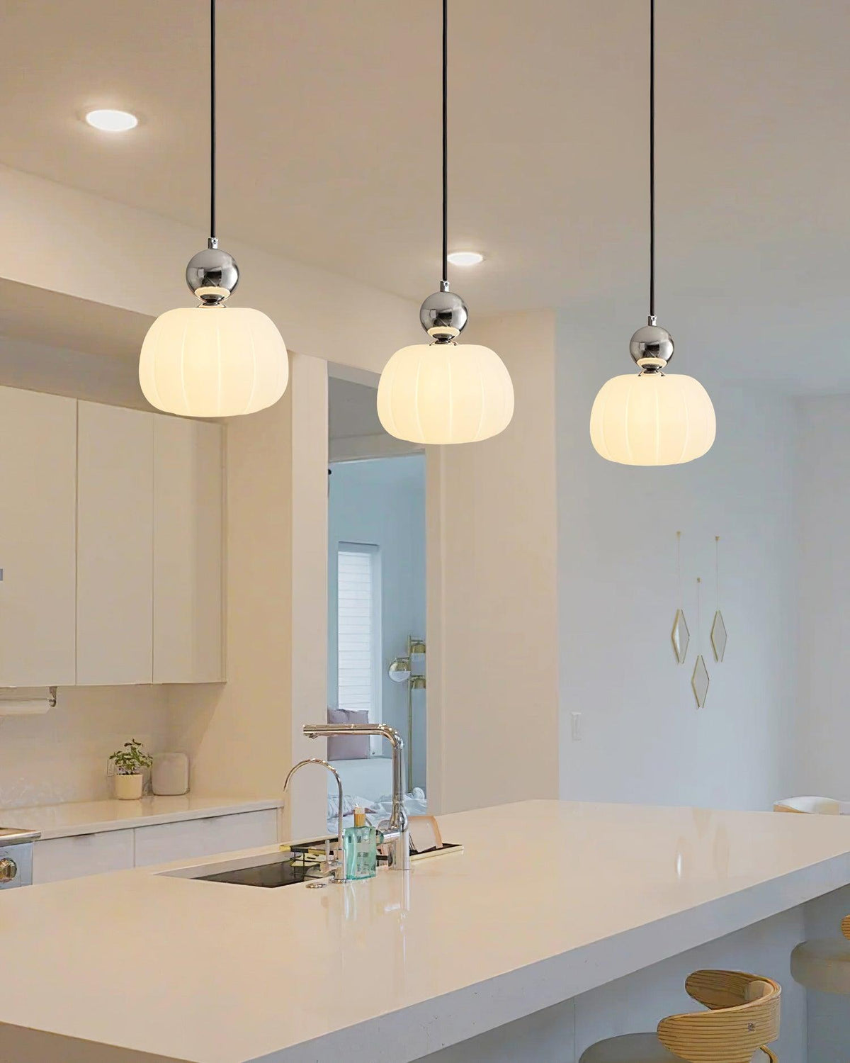 Sculptural Mini Pendant Light with Rounded Acrylic Shade for Dining Rooms, Bedrooms & Kitchen Nooks – 5.5-Inch White Globe Fixture, Adjustab
