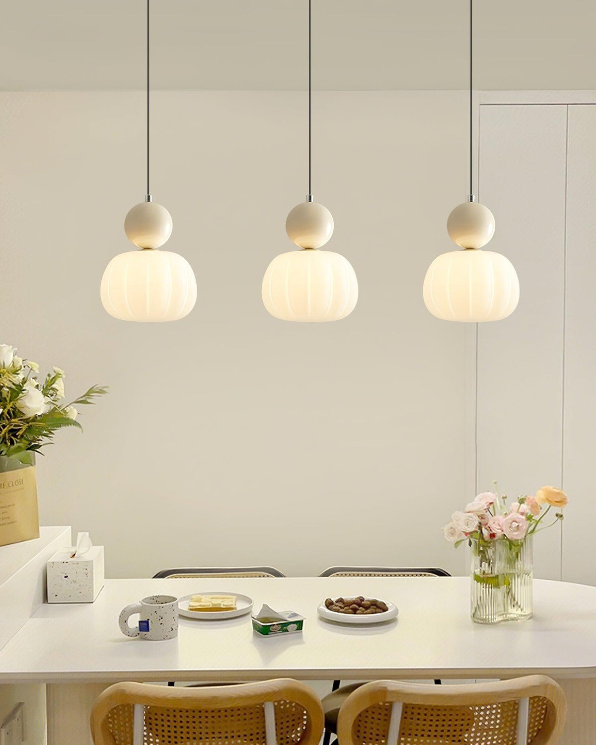 Sculptural Mini Pendant Light with Rounded Acrylic Shade for Dining Rooms, Bedrooms & Kitchen Nooks – 5.5-Inch White Globe Fixture, Adjustab