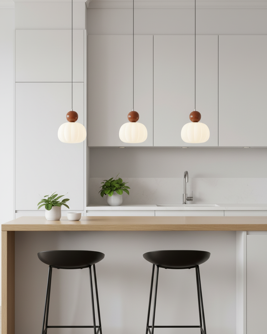 Sculptural Mini Pendant Light with Rounded Acrylic Shade for Dining Rooms, Bedrooms & Kitchen Nooks – 5.5-Inch White Globe Fixture, Adjustab