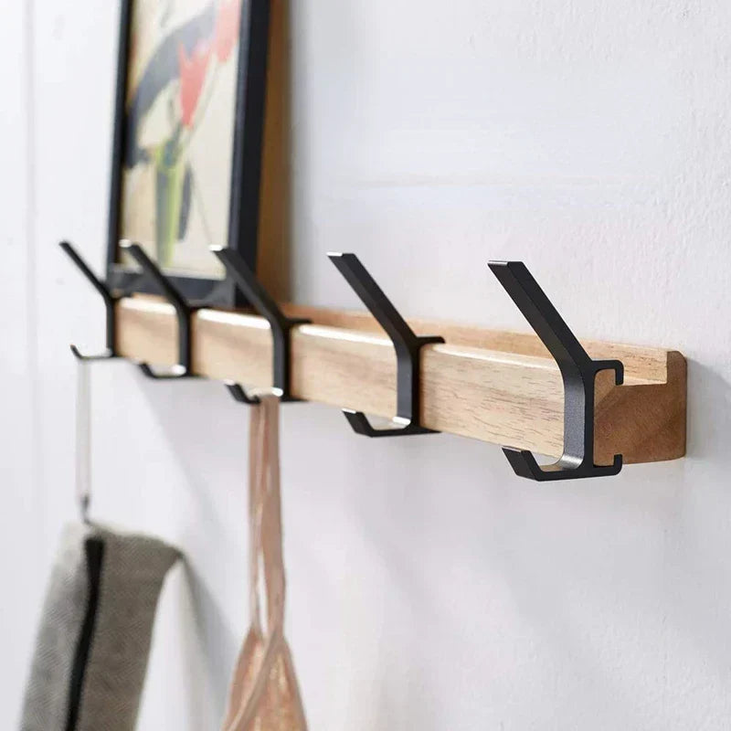 Wall-Mounted Hook Rail with 5 Sliding Double Pegs | Natural Wood & Black Aluminum Entryway Organizer for Coats, Hats, Bags | Scandinavian