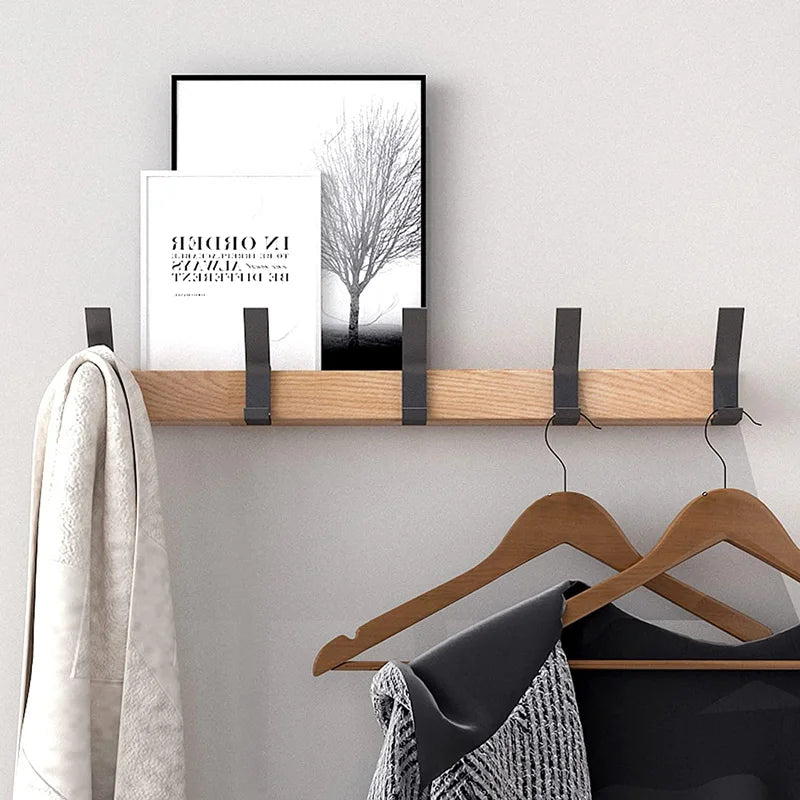 Wall-Mounted Coat Rack with Swivel Hooks | Natural Wood & Aluminum | 5 Movable Pegs for Entryway Bedroom Office | Scandinavian Style