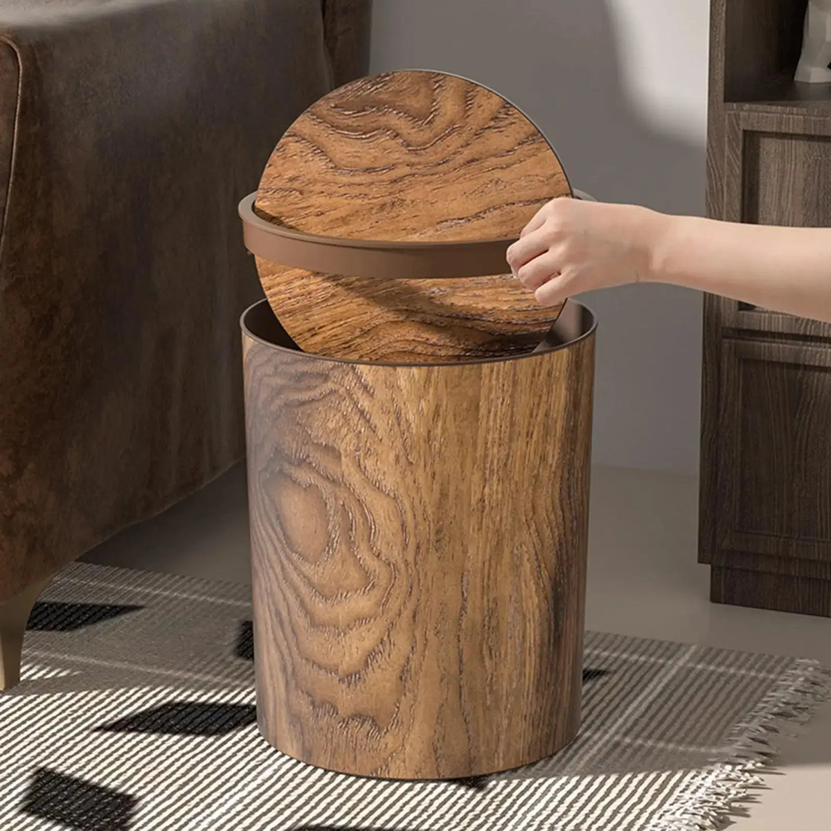 Trash Bin with Swing Lid | Wood Look | Quiet and Hygienic