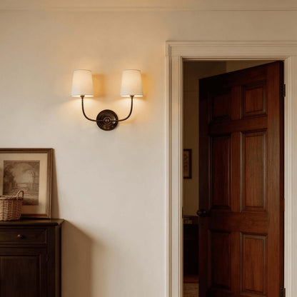 Articulated Arm Wall Lamp with Fabric Shades for Bedroom Reading Nook Hallway Accent Task Lighting Adjustable Sconce Fixture Metal Brass Fin