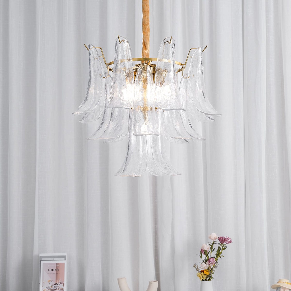 Multi-Arm Glass Pendant Light Fixture with E14 Sockets – Adjustable Height Hanging Lamp for Dining Room, Foyer & Living Room – Metal Frame w
