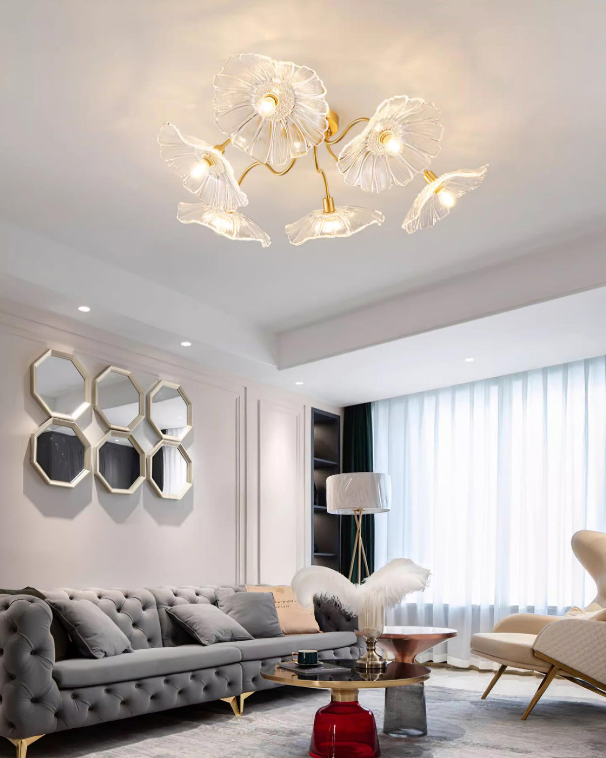 Frosted Glass Floral Flush Mount Ceiling Fixture 3-6 Light Semi-Flush Fixture for Bedroom Living Room Dining Room | Modern Decorative Overhe