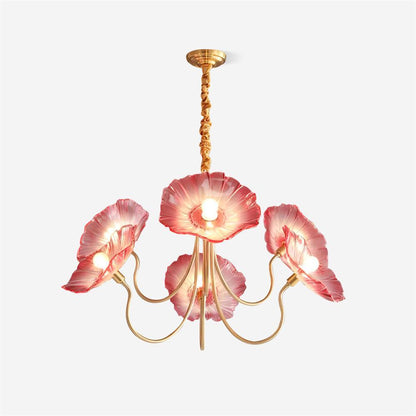 Frosted Glass Floral Pendant Light 35 in Multi-Arm Hanging Fixture Clear Pink Gold Overhead Illumination Dining Living Foyer Entry Modern In