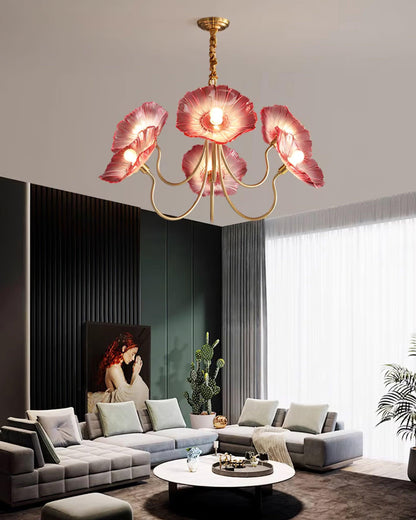 Frosted Glass Floral Pendant Light 35 in Multi-Arm Hanging Fixture Clear Pink Gold Overhead Illumination Dining Living Foyer Entry Modern In