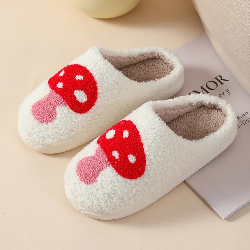 Plush Memory Foam Slippers for Women - Heart & Mushroom Design - Indoor Outdoor House Shoes with Cushioned Footbed