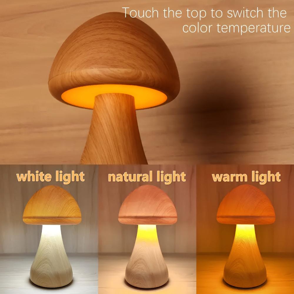 Mushroom Table Lamp - Wooden, USB-C Rechargeable LED Lights