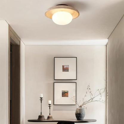 Compact Flush Mount Light Fixture with Natural Stone and Wood 10 in Round for Entryway Bedroom Low Profile Wall or Ceiling Installation