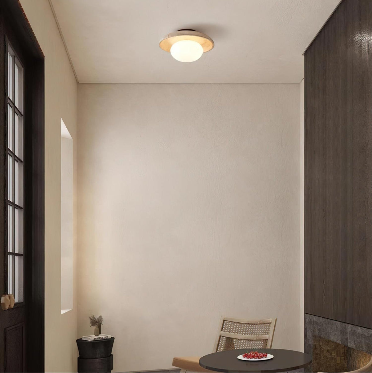 Compact Flush Mount Light Fixture with Natural Stone and Wood 10 in Round for Entryway Bedroom Low Profile Wall or Ceiling Installation