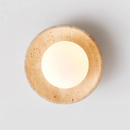 Compact Flush Mount Light Fixture with Natural Stone and Wood 10 in Round for Entryway Bedroom Low Profile Wall or Ceiling Installation