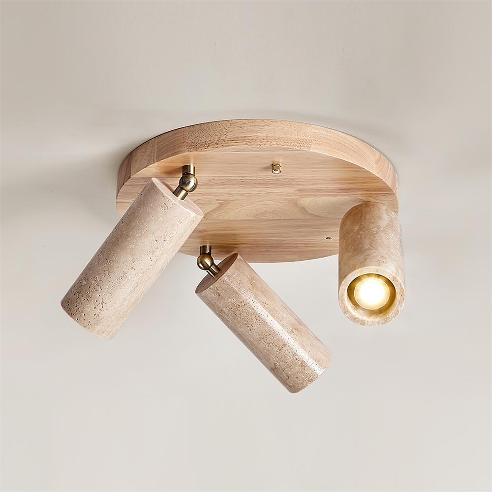 Triple-Head Swivel Spotlight with Natural Stone Cylinders & Wood Base – Directional Accent Light for Kitchens, Entryways & Living Areas