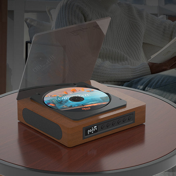 Tabletop Disc Player with Wireless Audio Streaming FM Tuner LCD Screen USB-C Charging Wood-Look Finish for Living Room Bedroom Office Deskto