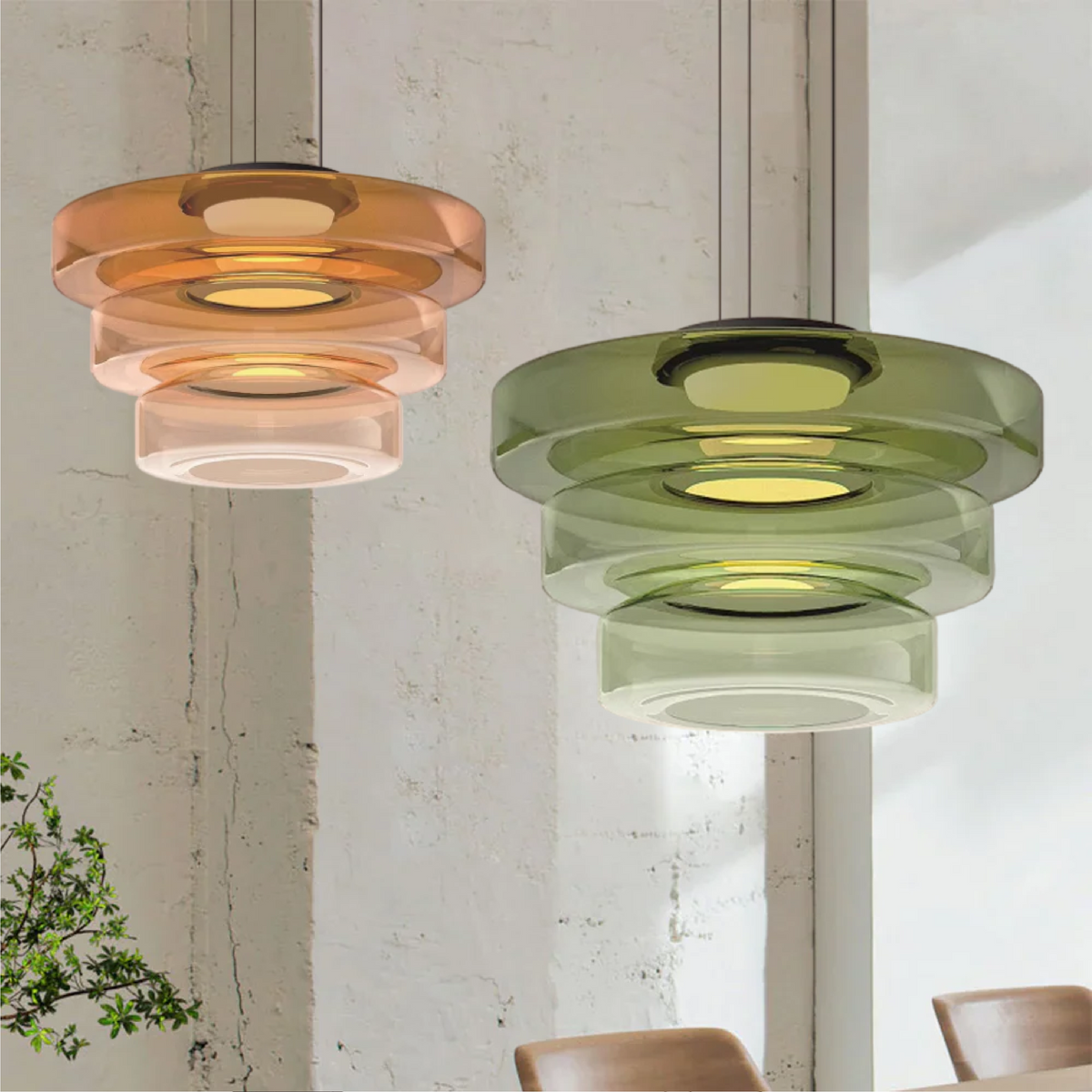 Tiered Glass Hanging Fixture 18 in Amber with Integrated LED for Island Kitchens Dining Areas Living Spaces Modern Minimalist Bauhaus-Inspir