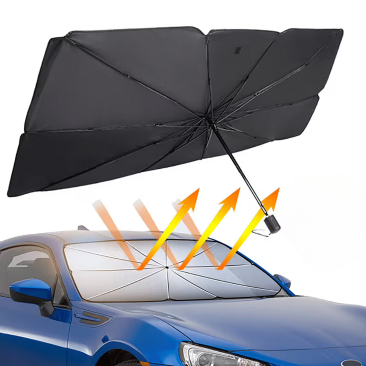 Foldable Windshield Sun Shade for Car | Umbrella Style Heat Blocker with UV Protection | Quick Deploy Reflective Sunshade for Front Window