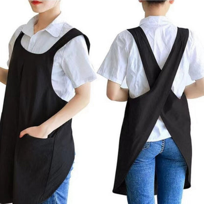 Cross-Back Cotton Apron Dress with Pockets for Kitchen, Garden & Crafts – Lightweight Linen-Blend Pinafore for Women, Adjustable Straps