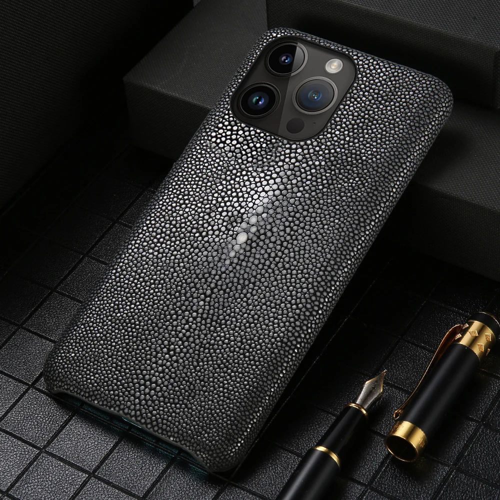 Authentic Stingray Skin Phone Case for iPhone 17 Pro Max 16 15 14 13 12 11 Shock Absorbent Premium Leather Cover Anti-Fingerprint