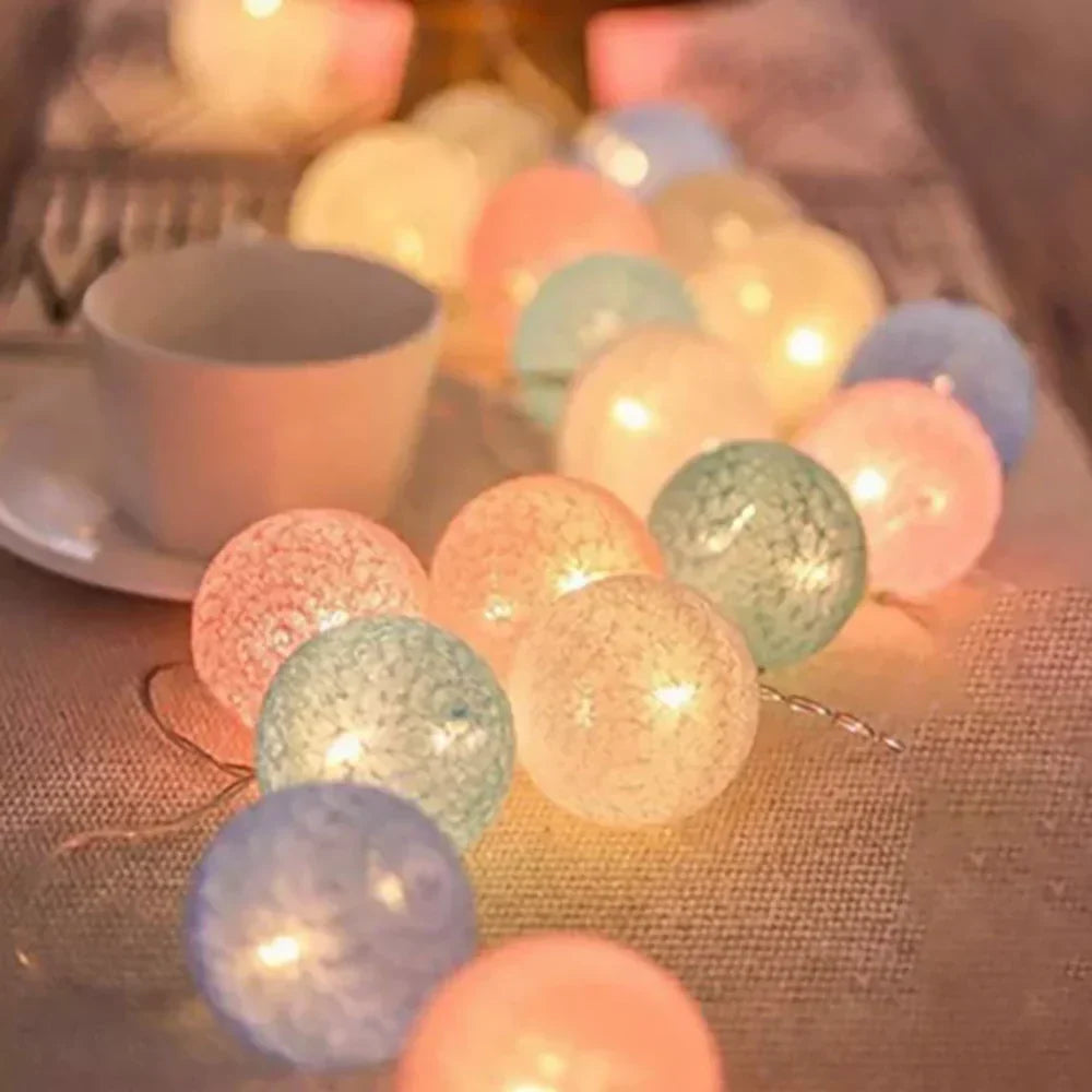 Cotton Ball String Lights with Soft Woven Globes for Bedroom, Living Room & Party Decor – USB or Battery Powered Fairy Lights