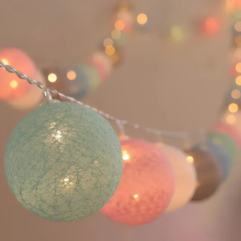 Cotton Ball String Lights with Soft Woven Globes for Bedroom, Living Room & Party Decor – USB or Battery Powered Fairy Lights