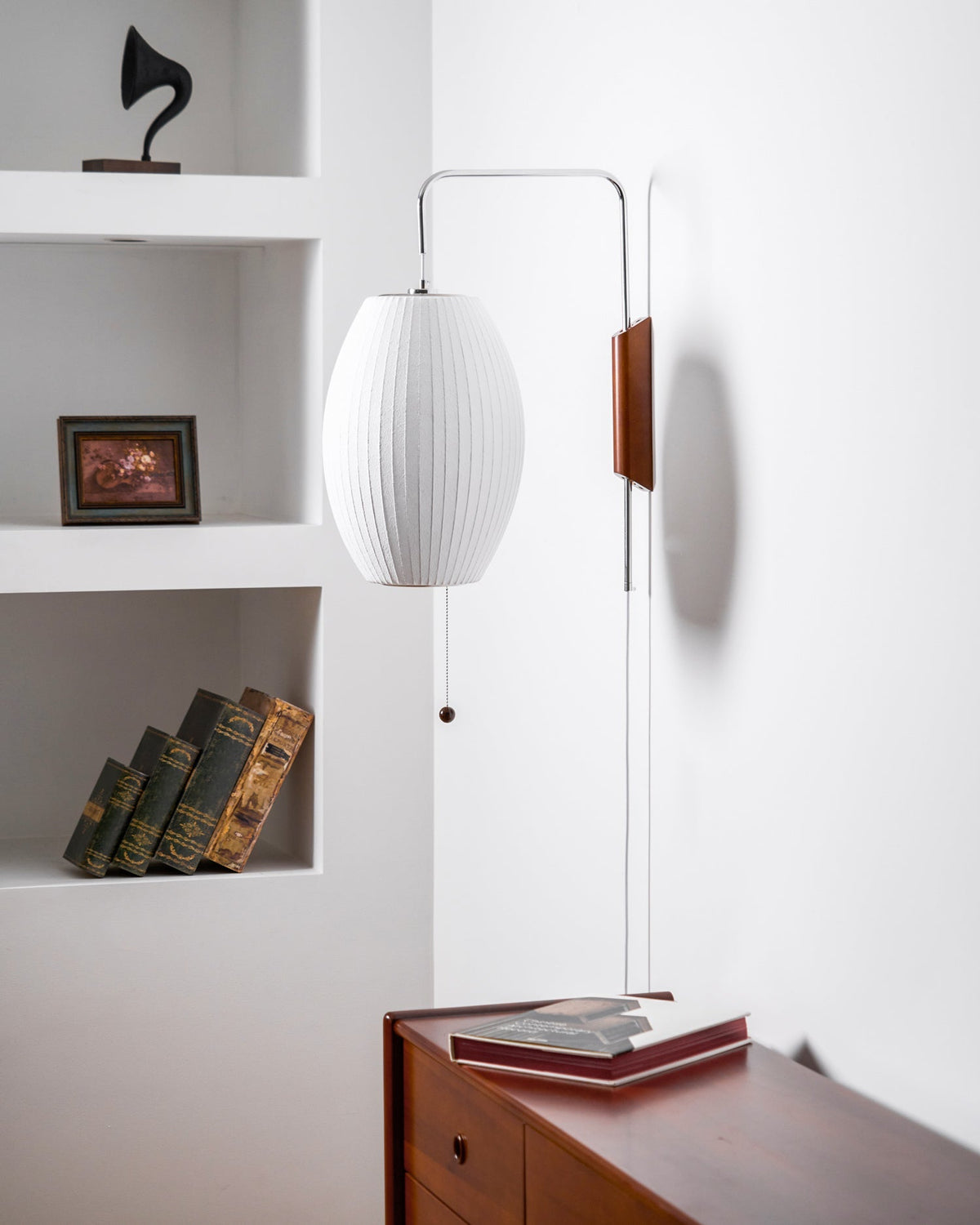 Swivel Sphere Wall Light with Adjustable Cord 15.7 in Walnut Chrome Finish Plug-In LED Sconce for Bedroom Office Living Room