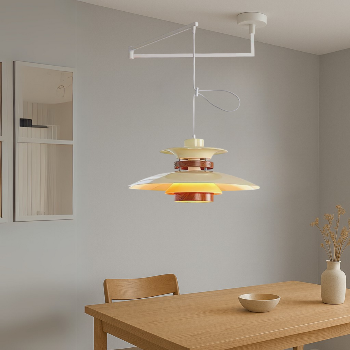 Hanging Ceiling Fixture with Wood and Metal Shade 20-Inch Diameter Adjustable Height for Kitchen Island Dining Room Living Space Modern Farm