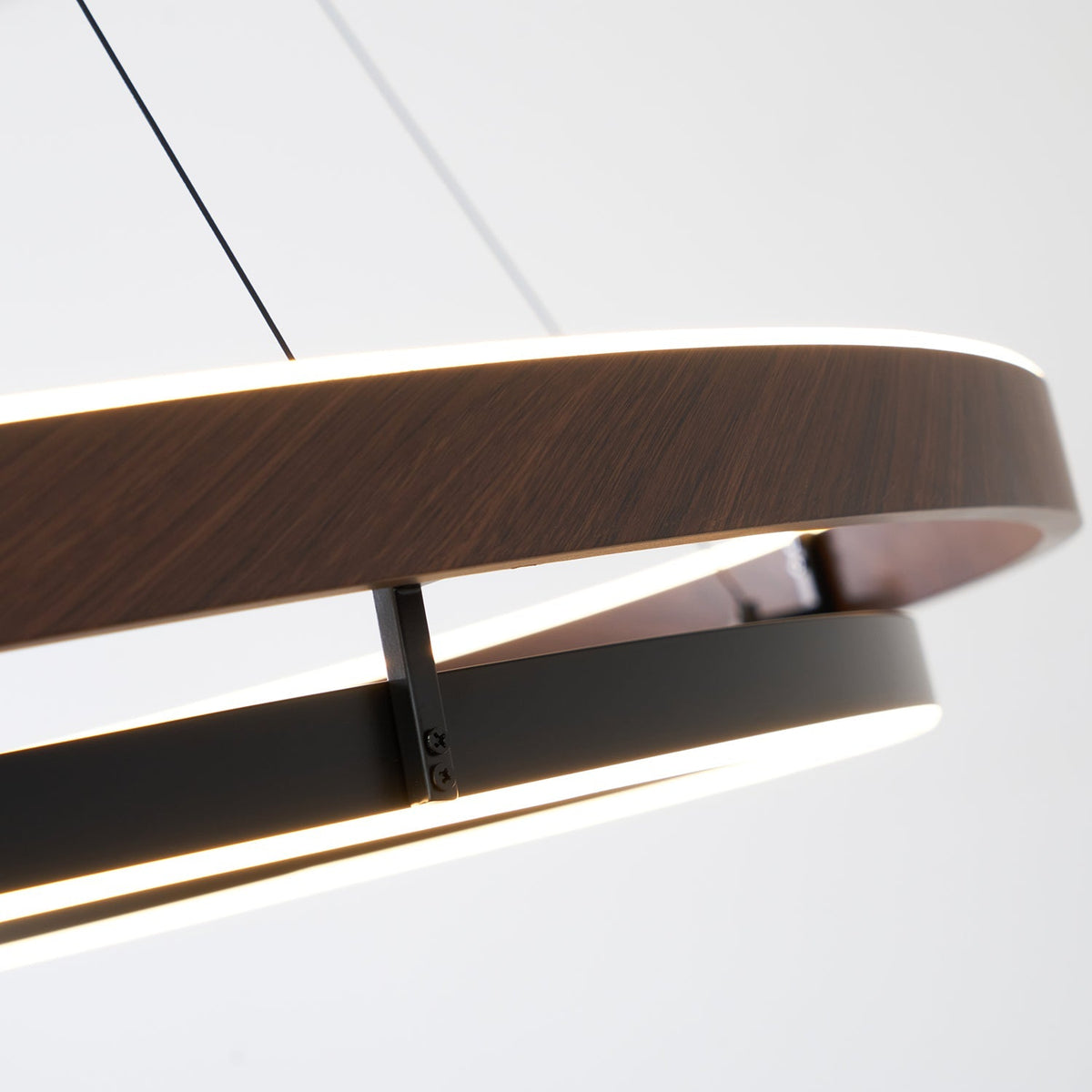 Suspended Dual-Halo LED Fixture for Dining Areas Wood-Grain Metal Ceiling Light Adjustable Height Contemporary Overhead Illumination for Kit