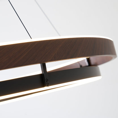 Suspended Dual-Halo LED Fixture for Dining Areas Wood-Grain Metal Ceiling Light Adjustable Height Contemporary Overhead Illumination for Kit