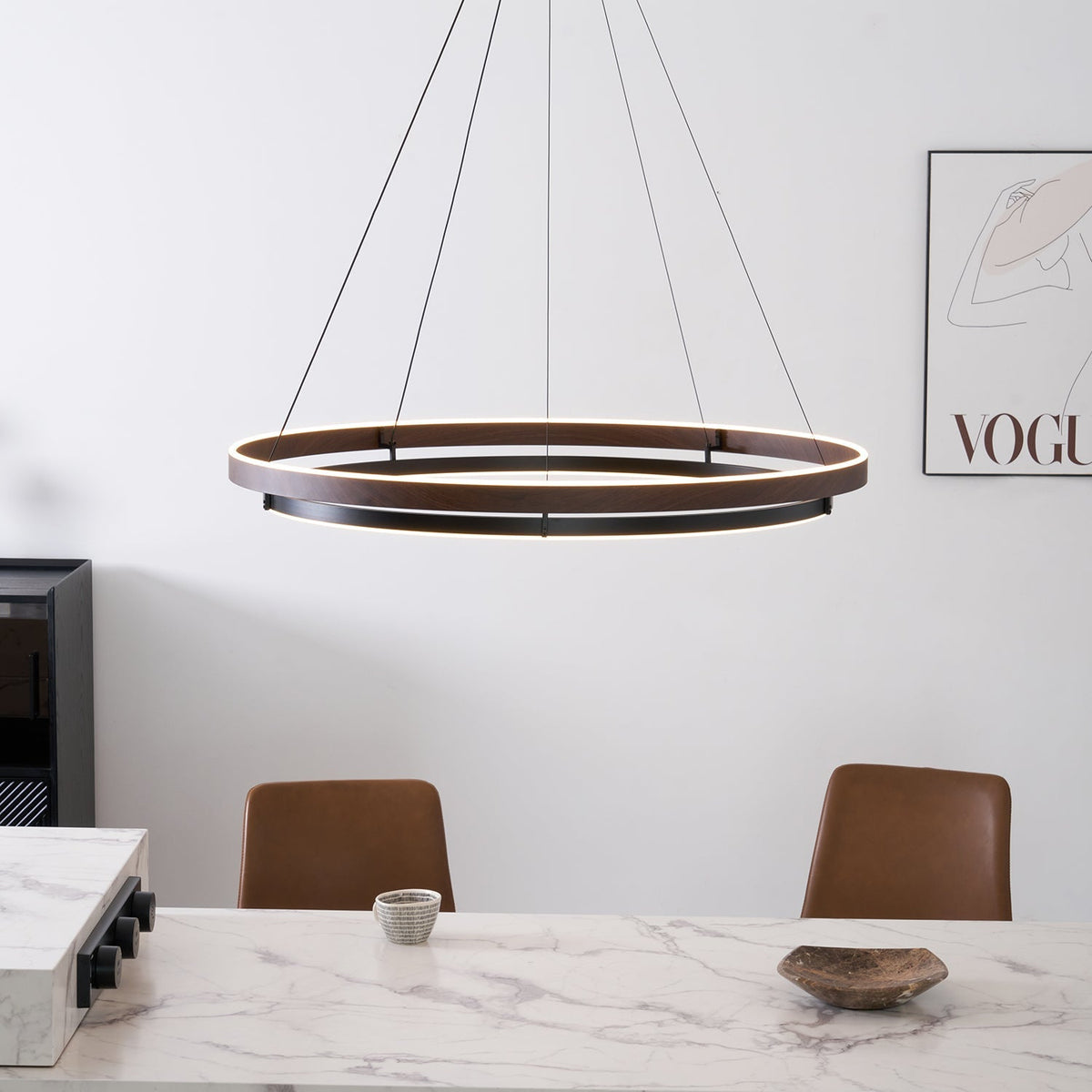 Suspended Dual-Halo LED Fixture for Dining Areas Wood-Grain Metal Ceiling Light Adjustable Height Contemporary Overhead Illumination for Kit