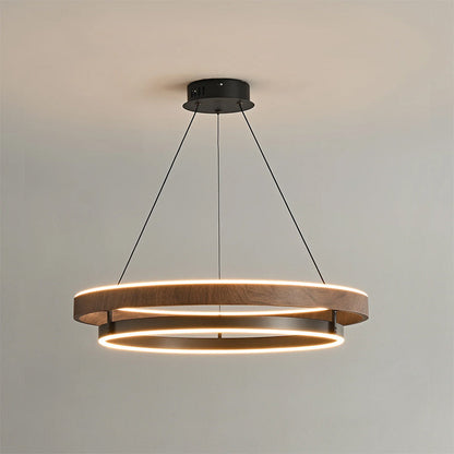 Suspended Dual-Halo LED Fixture for Dining Areas Wood-Grain Metal Ceiling Light Adjustable Height Contemporary Overhead Illumination for Kit