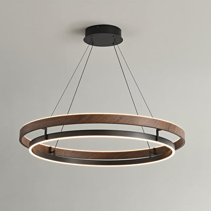 Suspended Dual-Halo LED Fixture for Dining Areas Wood-Grain Metal Ceiling Light Adjustable Height Contemporary Overhead Illumination for Kit